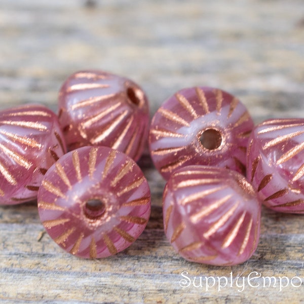 Bicone Beads, Large Hole Bicone, Pink Copper Picasso Bicone Beads, Large Hole Pink Picasso 9mm Tribal Bicone, 3518R  (12 beads)