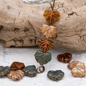 Czech Leaf Bead Mix, Maple Leaf Mix, Glass Beads, Maple Forest 10x13mm Leaf Beads, Picasso Leaf Bead Mix 185W, 12 Beads