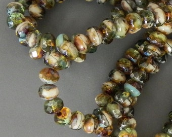 Picasso Rondelle Beads - Czech Glass Rondelle Bead, 7x5mm Green Mix Rondelle 1349  (25)