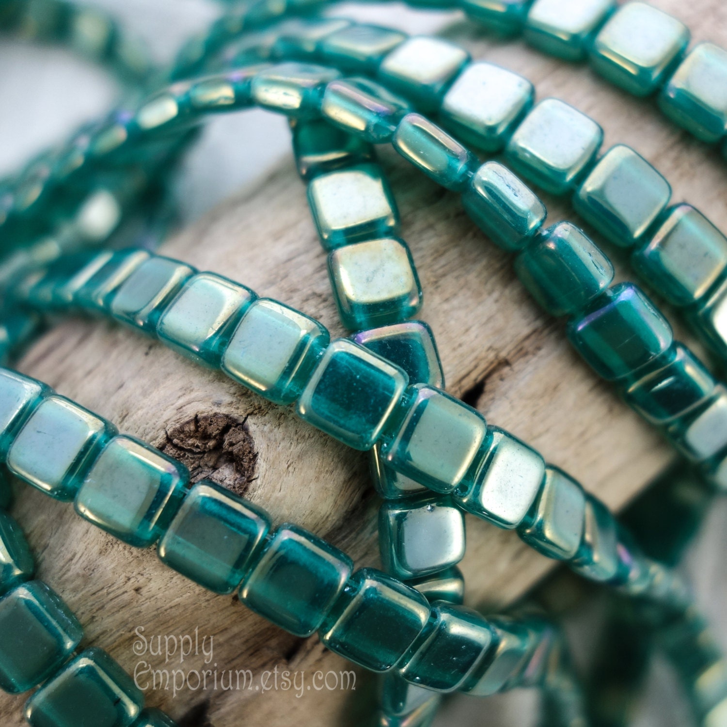 2-Hole TILE Beads 6mm CzechMates LUSTER TRANSPARENT GREEN