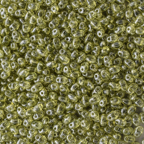 Luster Olivine Czech Miniduo 2 hole Beads, 2x4mm oval beads - Luster Olivine Mini Duos, 3682  (10g)