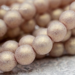 Round Beads, Czech Glass Beads, Druk Beads, 8mm, Smooth Round Bead, Sueded Gold Milky Pink Druk Round Beads, 25 Beads, 5114R-S5 image 3