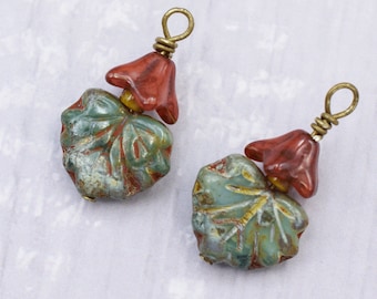 Antique Bronze Wire Wrapped Czech Glass Drop Charms. CHARM 44 (2 charms)