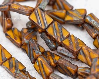 Rectangle Beads, 13x9mm Czech Butterscotch Orange Opaline Picasso Grooved Stripe Rectangle Beads. 10 Beads. 4198RR