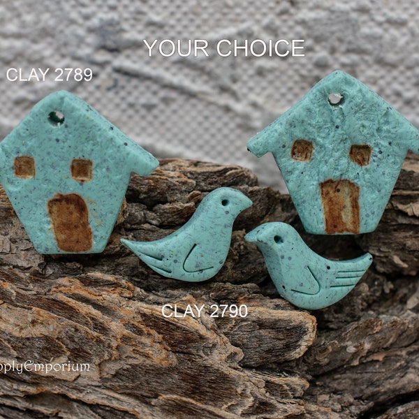 YOUR CHOICE Polymer Clay Robin's Egg Blue Bird or Birdhouse Beads 2789 2790