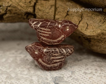 Czech Glass Bird Beads - Picasso Beads - Czech Glass Beads - Matte Rosewood With Gold Wash 11x22mm Bird Beads, 2 Beads, 7103W