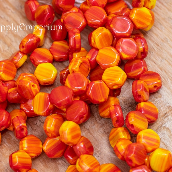 Honeycomb Bead, Czech Hexagon Bead, Hodge Podge Orange Czech Glass 6mm Honeycomb Beads, 30 Beads, 4205