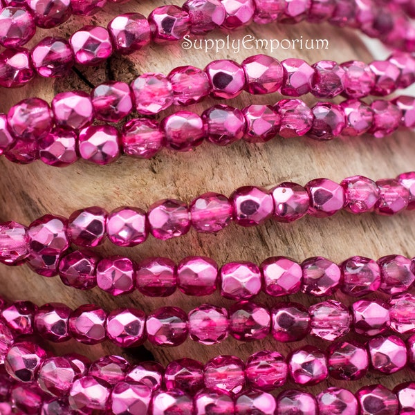 4508 (50)   - 3mm Czech Glass Crystal Rose Metallic Ice Firepolished Round, Metallic Ice Crystal Rose Pink Fire Polished 3mm, 3mm Pink