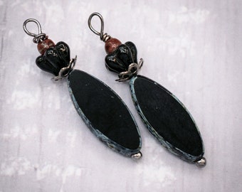 Antique Bronze Wire Wrapped Czech Glass Drop Charms. CHARM 52 (2 charms)