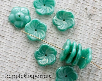 Flower Beads, Center Drilled Flower Bead, Czech Glass Turquoise Button Flower 12mm Flat Flower Bead, 4461B 12 Beads