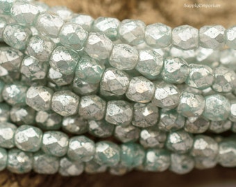 3mm Czech Glass Fire Polish Round Beads, 3mm Light Green w/ Mercury 3mm Faceted Round Beads, 3039R (50)