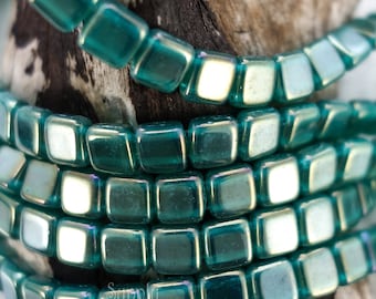 Tile Beads, 2-Hole Tile, 6mm CzechMates Tile Bead - Luster Iris Atlantis Green Tile Beads, 2905 (25)