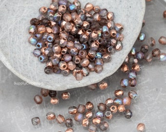 Czech 3mm Crystal ETCHED Copper Rainbow Fire Polished Round Beads, Etched Copper Rainbow Firepolish 3mm Round Bead, 3501RR (50)