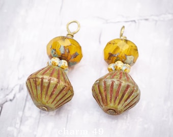 Antique Bronze Wire Wrapped Czech Glass Drop Charms. CHARM 49 (2 charms)