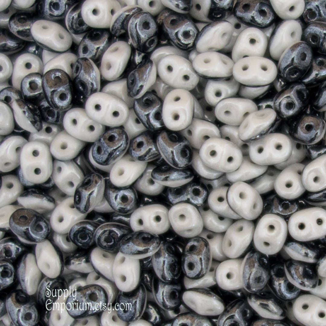 2736 luster Black White Opaque Superduo DUETS™ 2 Hole Beads, 15 Grams