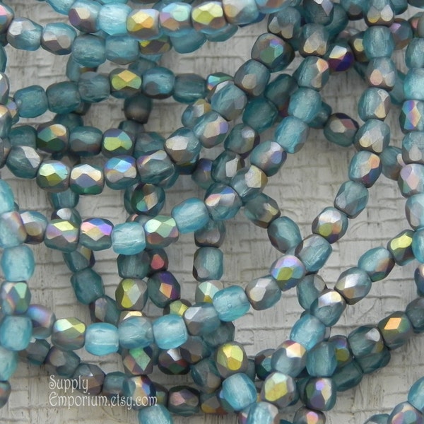 3mm Czech Glass Matte Aqua AB Round Beads - Aqua AB Faceted Fire Polished Beads - Matte Aqua AB Firepolished Round Beads, 2484  (50)