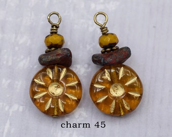 Antique Bronze Wire Wrapped Czech Glass Drop Charms. CHARM 45 (2 charms)