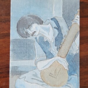 ACEO オリジナル インク画/シタール/ビートルズ/ギターが優しく泣いている間