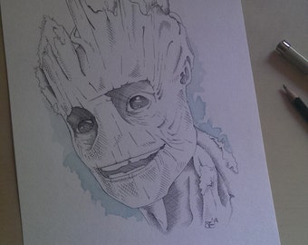 Groot Original Ink Drawing/I am Groot/Guardians of the Galaxy/Marvel