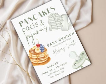 Zaproszenie na baby shower w piżamie Pancakes Pacis, szablon imprezy brunchowej (do pobrania cyfrowego)