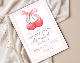Gingham Cherry First Birthday Invitation | Editable Canva Template | Instant Download | 5x7 Digital Invite
