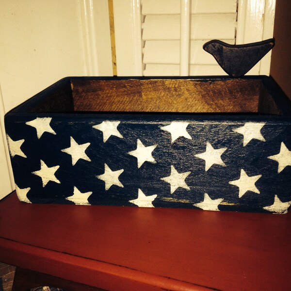 Primitive Americana Desk Organizer Box with Crow, Hand Crafted and Hand Painted