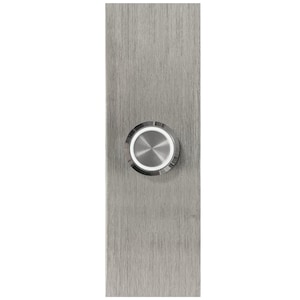 Pode incluir: Um botão de campainha redondo de prata com um anel branco ao redor da borda, montado em uma superfície de metal escovado.