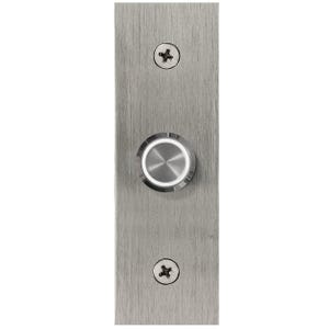 May include: A brushed stainless steel doorbell button with a circular push button and a white illuminated ring. The button is mounted on a rectangular plate and secured with two screws, offering a modern and sleek design.