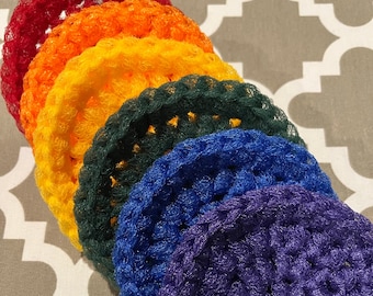 Set of 6 Dish Scrubbies. Classic Rainbow Colors Crochet Nylon Dish Scrubbers. 1 each red, orange, yellow, green, blue, and purple