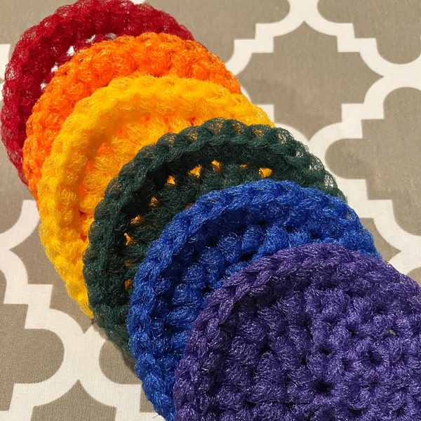 Set of 6 Dish Scrubbies. Classic Rainbow Colors Crochet Nylon Dish Scrubbers. 1 each red, orange, yellow, green, blue, and purple