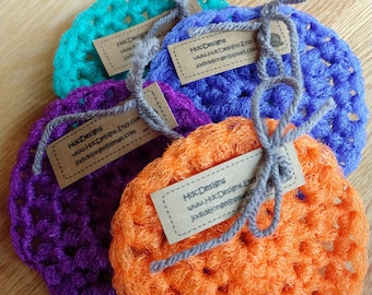 Set of 4 Dish Scrubbies. Crochet Nylon Dish Scrubber. Purple, Orange, Teal & Blue!