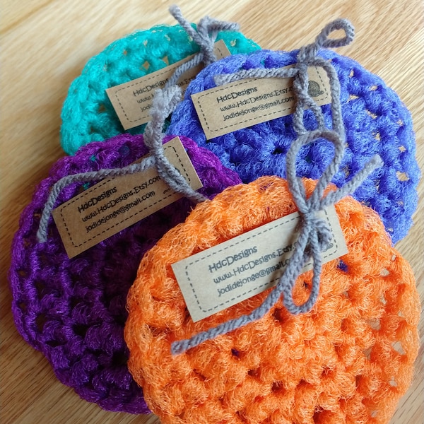 Set of 4 Dish Scrubbies. Crochet Nylon Dish Scrubber. Purple, Orange, Teal & Blue!