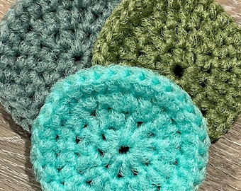 Dish Scrubbies. SET of 3. Crochet Nylon Dish Scrubber. Aqua, Gray, and Olive Green
