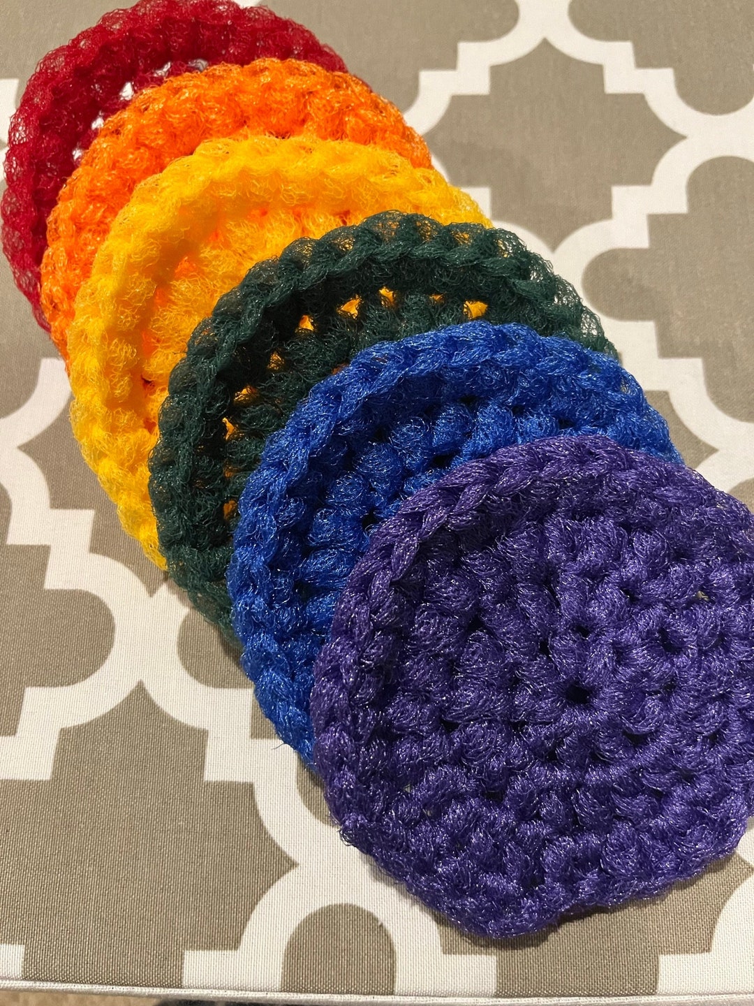Set of 6 Dish Scrubbies. Classic Rainbow Colors Crochet Nylon Dish