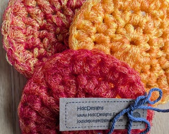 SET of 3 Dish Scrubbies. Colorful red/orange/yellow swirls, as pictured.