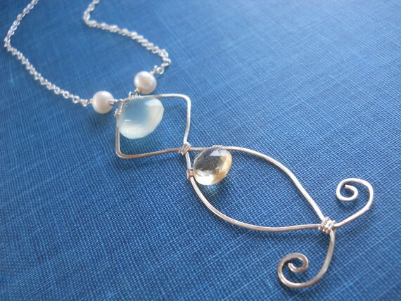 Items similar to Blue Chalcedony, Citrine, Freshwater Pearl-Necklace ...