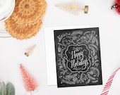 Boxed Set Of 8 Happy Holidays Cards - Chalkboard Christmas Card - Rustic Christmas Card - Black and White Christmas- Hand Drawn Card - Chalk