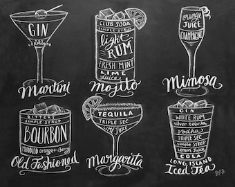 Bartender Gift - Cocktails Print - Bar Cart Art- Chalkboard Art - Kitchen Art - Bartender Gift - Chalk Art