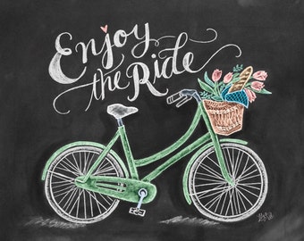 Bicycle Art - Bicycle Print - Chalk Art - Enjoy the Ride - Spring Decor -  Bicycle Illustration - Chalkboard Print - Hipster Decor