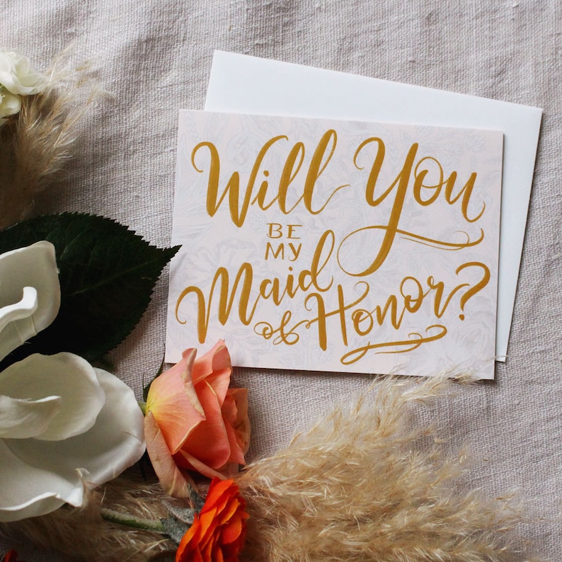 Wedding Party Note card A2 Note Card Wedding Floral Wedding Hand-Lettered Single Will You Be My Maid of Honor
