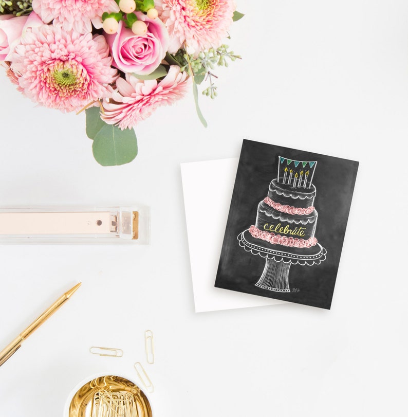 Birthday Cake Card Chalkboard Art Celebrate Card Etsy
