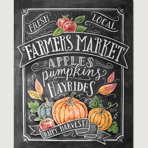 Fall Art - Farmer's Market - Fall Decor - Fall Print - Pumpkin Art - Fall Farmer's Market - Fall Print - Chalkboard Illustration - Chalk Art