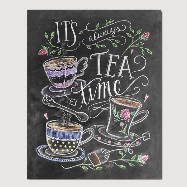 Tea Lover Gift - It's Always Tea Time - Tea Party Decor - Kitchen Art - Chalkboard Art  - Kitchen Print - Chalk Art - Kitchen Chalkboard