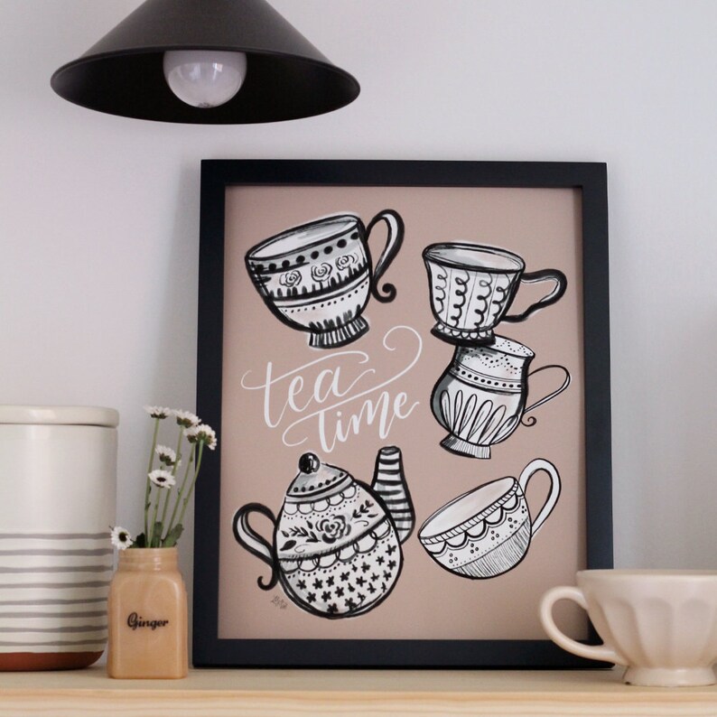 Tea Time Print Kitchen Wall Art Hand-Drawn Tea Cup Decor | Etsy