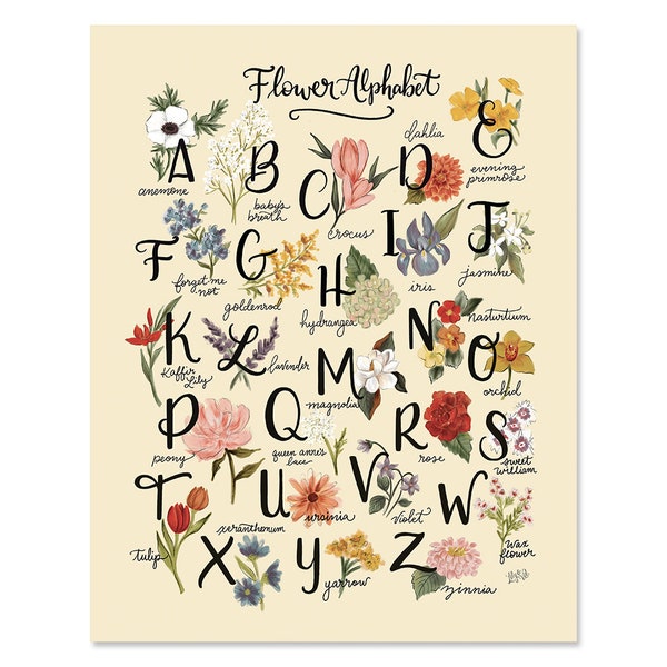 Flower Alphabet - Print - Spring Decor - Floral Art - Hand-Lettering - Floral Illustration - Spring Wall Art - Nursery Wall Art