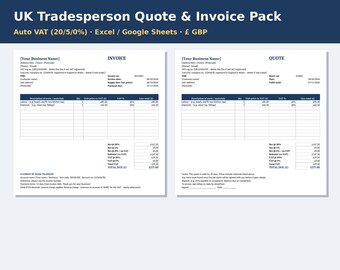 UK Quote and Invoice Template for Tradespeople, Excel & Google Sheets, VAT 20/5/0%, Receipt, Payment Tracker, Sole Trader