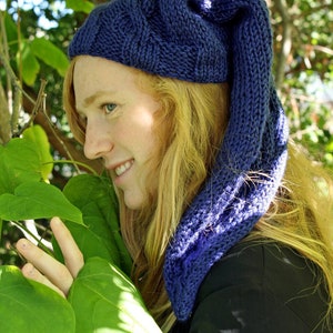 May include: A woman wearing a blue knitted hat with a long tail. The hat has a cable knit pattern. The woman is standing in front of a green leafy plant.