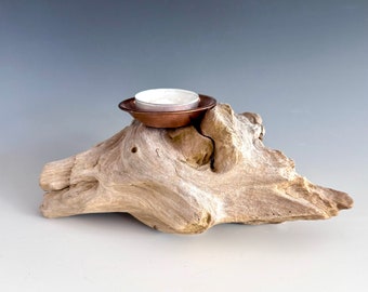 Driftwood Candle Holder, Copper Tea Light Candle Holder Included