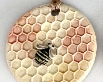 Honey Bee, Honey Comb Ornament, Handmade, Stoneware