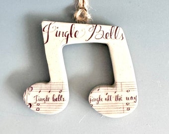 Music Note Ornament, Handmade, Stoneware, Jingle Bells